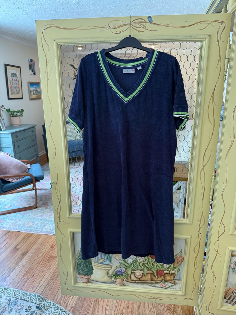 Terry V-Neck Lounge Dress with Green Trim - Navy